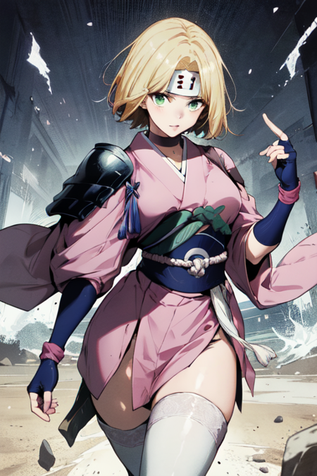 TomoeMajo, 1girl, solo, short hair, blonde hair, white thighhighs, gloves, green eyes, japanese clothes, choker, fingerless gloves, kimono, armor, sash, headband, short kimono