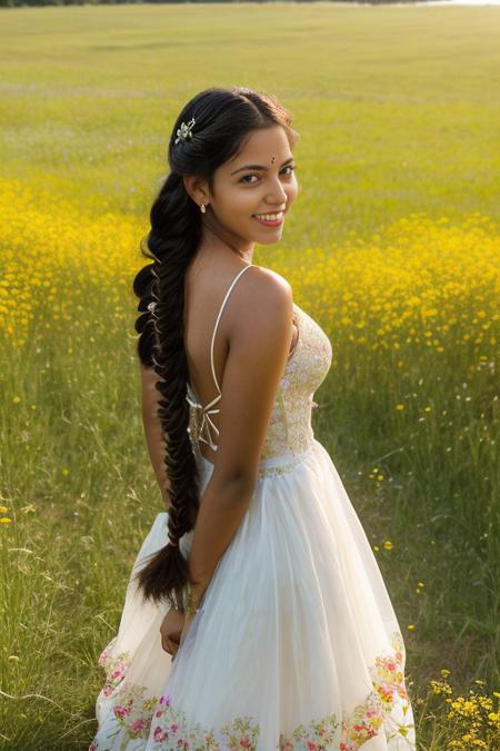 mj, photo RAW, Indian, 18 years old, smiling, ((looking at camera)), Fishtail braid, in a flower meadow, bride's dress, (erotic, vibrant), (award winning photography), perfect composition, hyper realistic <lora:ReaLora:0.6>