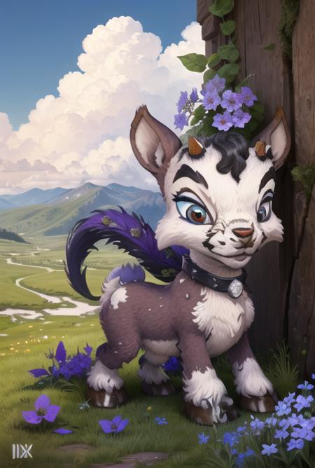 (masterpiece, best quality, highly detailed:1.0), ixi, <lora:Ixi:0.70>, montana, streams, clouds, bluish sky, few flowers, grazing, goat eating grass,black fur, white spots, bright violet eyes