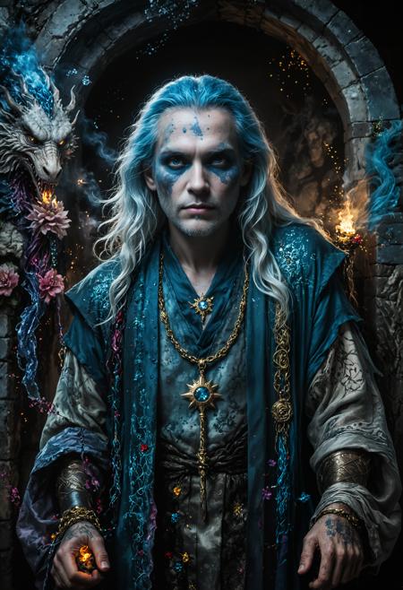 a man dressed in a fantasy outfit, colorful, standing