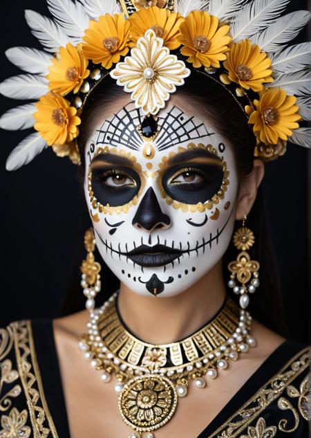 A hyper-realistic portrait photograph of a woman with intricate Día de los Muertos makeup, inspired by the provided reference image. Her face is adorned with symmetrical skull designs in bold white and black, featuring delicate gold accents, floral patterns, and shimmering details. The makeup includes fine lines, dots, and geometric shapes that create a mesmerizing contrast against her smooth skin. One eye is accentuated with deep matte black eyeshadow and long lashes, while the other remains natural, creating an asymmetrical yet balanced look. She wears an ornate headdress with gold embroidery, pearls, and floral decorations, adding to the regal and cultural aesthetic. The background is dark and moody, with soft bokeh lights and subtle golden elements that complement the overall composition. Dramatic studio lighting highlights the textures of her skin, makeup, and accessories, giving the image a cinematic and ethereal quality. Style: Photorealistic fashion photography, Latin American contemporary art fusion, emotionally powerful, high detail, editorial quality