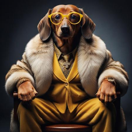 evang, A wiener dog with large yellow glasses sitting on a chair, furcoat, evang, detailed face