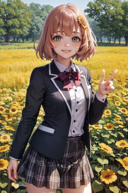 (masterpiece, best quality:1.2), <lyco:nijisanji_honma-12:1.0>, cowboy shot, solo, 1girl, honma himawari, smile, looking at viewer, ahoge, sunflower hair ornament, school uniform, black jacket, plaid skirt, sunflower field