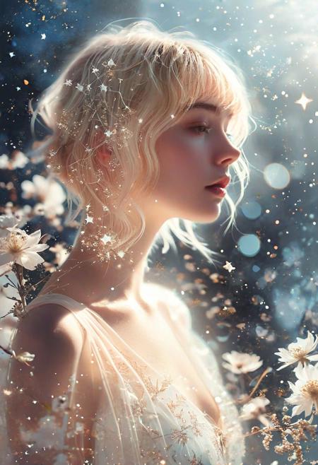 ethereal fantasy concept art, fantasy artwork, intricate artwork, sketch, minimalism, clear lines, (double exposure:1.2), (close-up portrait:1.2), 1girl, short blonde hair, (extremely luminous translucent:1.2), (white sleeveless dress, silhouette), (stars, floral pattern decoration, glowing effect:1.2), magnificent, celestial, ethereal, painterly, epic, majestic, magical, fantasy art, cover art, dreamy, elegant