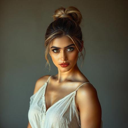 Young Aishwarya Rai with blonde hair in thick ponytail updo posing in a ((sheer)) linen dress as a model, in the style of Sean Archer photography, volumetric lighting, hdr, highly detailed, flushed skin.