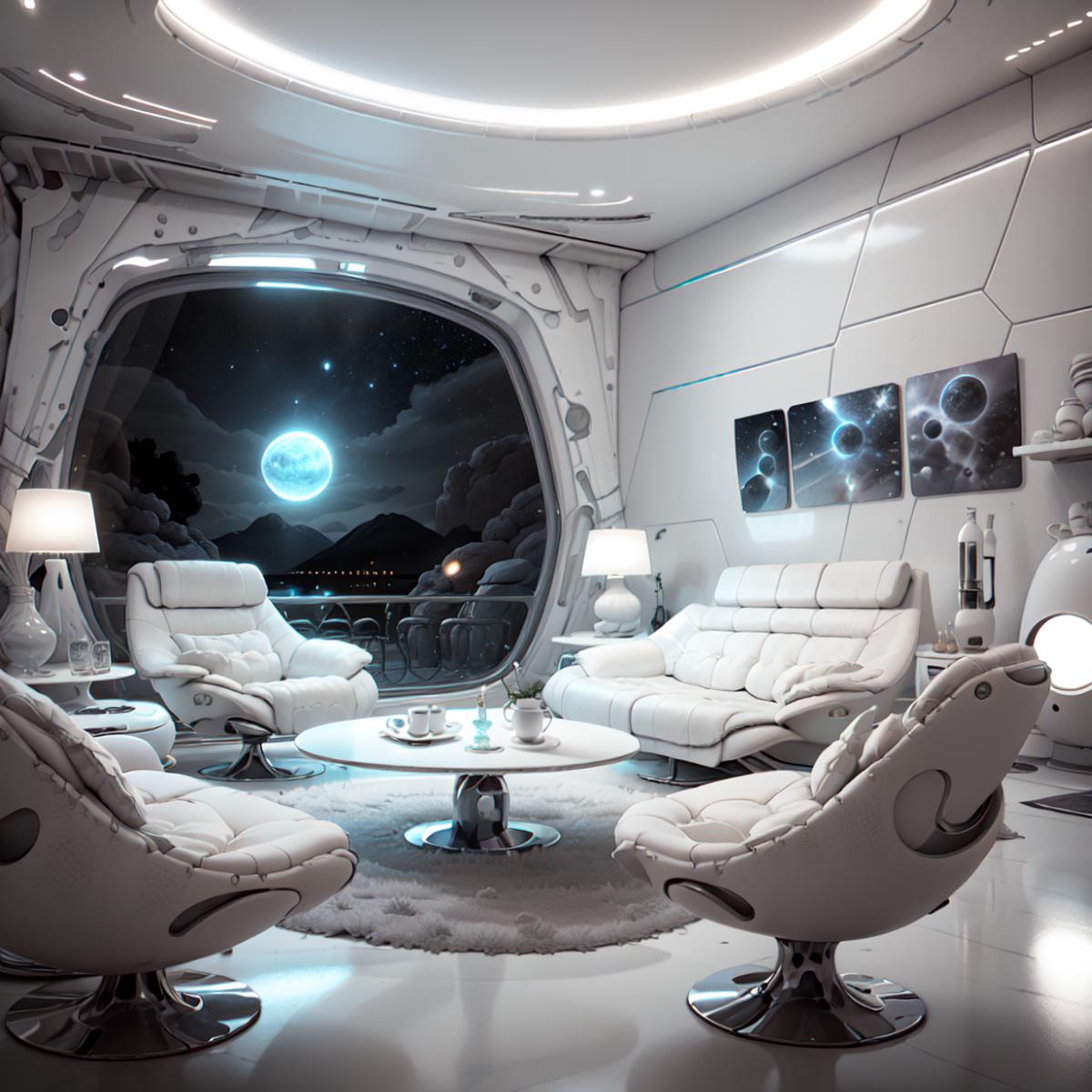 White living room with moonlight and space theme.