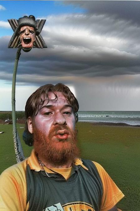 Weirdcore upper body and face of <ffurian> male man on palm trees on beach,  (face portrait 1.6) (soccer 1.5) meltdown emotions, 90VHS, (ffurian man with beard 1.1) (ffurian with soccer jersey 1.2) (y2k aesthetic 0.8), ms paint style <lora:ms-paint-lora:1> (angry weather 1.2),  <lora:y2kaesthetic:0.7>, half0ster, organic sculptures,