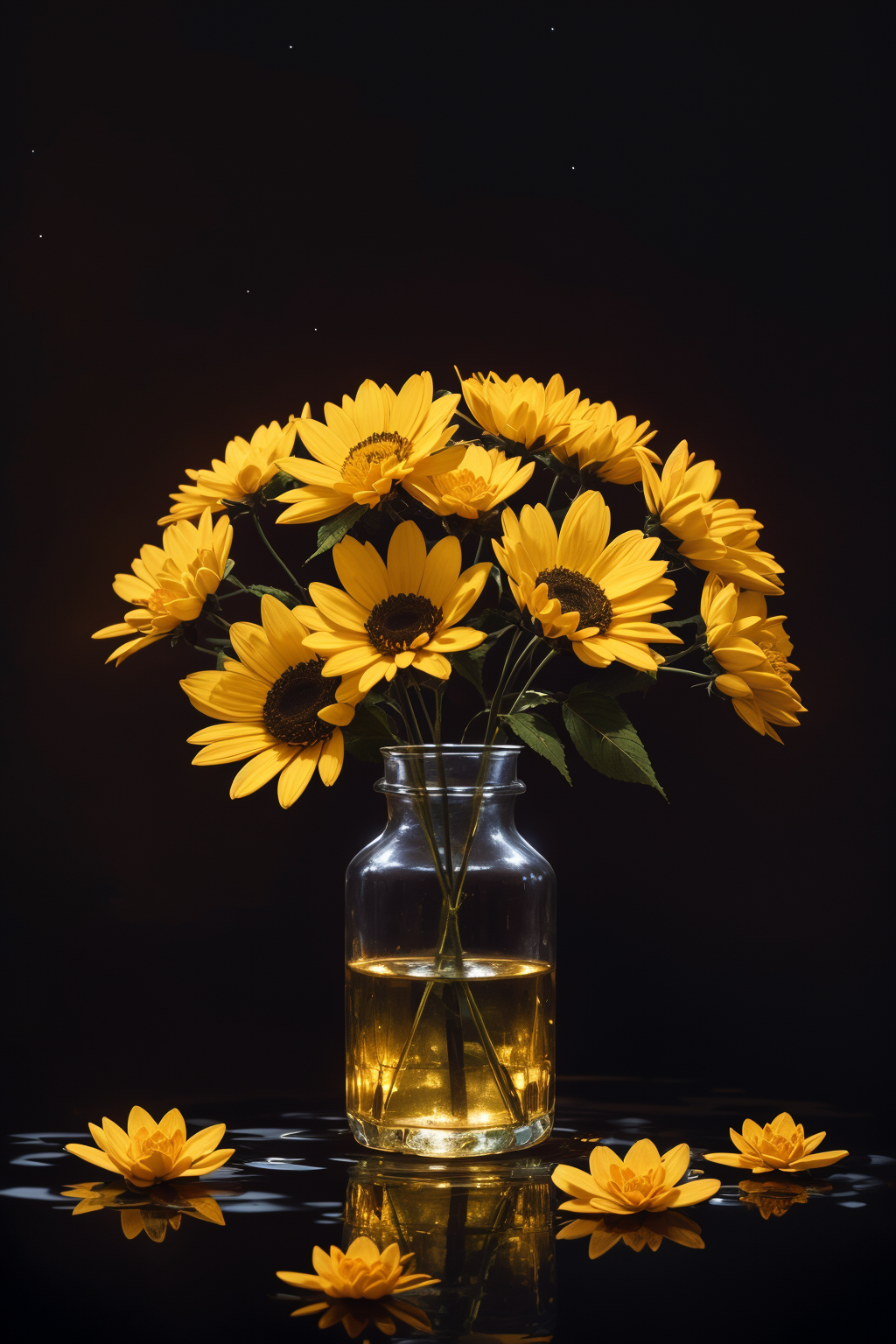 flowers, water dress, (black background:1.5), best illumination, (extremely detailed hyperrealistic masterpiece), night sk...