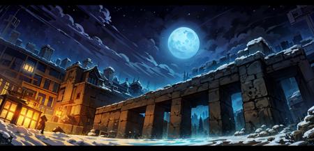 <lora:Evulchibi:0.9>, Evulchibi,
(masterpiece, best quality), flying ruins of an ancient castle, snow, outdoors, letterboxed, night, sky, cloud, black hair, moonlight, blue flower, blurry, starry sky, depth of field