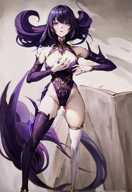 (masterpiece, best quality: 1.2), 1girl, solo, long hair, tall, (slim girl), portrait, bangs, full body, standing, separated legs,
looking at viewer, (purple eyes), thighhighs, hand back,

CaiEr,
<lora:SYWZ_CaiEr_AOM3_dim32_b4-lora-000014:0.5>,   <lora:Moxin-style-lora:0.5>