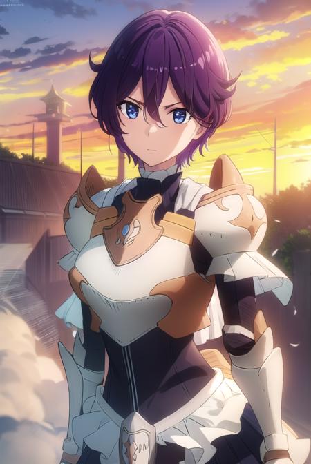 beefeaterecaty, <lora:beefeater e caty s2-lora-nochekaiser:1>,
beefeater e caty, short hair, purple hair, blue eyes, hair between eyes,
BREAK skirt, gloves, cape, armor, shoulder armor, gauntlets,
BREAK outdoors, forest, nature, sun, sky, clouds, trees, grass,
BREAK looking at viewer, (cowboy shot:1.5),
BREAK <lyco:GoodHands-beta2:1>, (masterpiece:1.2), best quality, high resolution, unity 8k wallpaper, (illustration:0.8), (beautiful detailed eyes:1.6), extremely detailed face, perfect lighting, extremely detailed CG, (perfect hands, perfect anatomy),