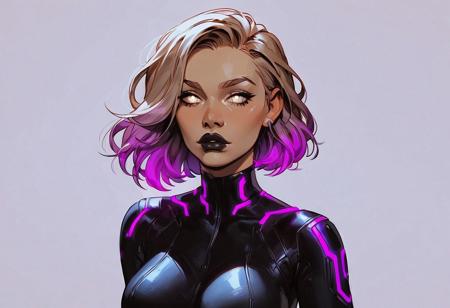 score_9, score_8_up, score_8_up, Expressiveh, easynegative, outer space, looking down at girl, girl looking up, sci-fi computer console behind her (console: 1.6), (1 sexy 20yo girl, beautiful, stunning, flawless, perfect face, eyes (light bronze eyes), gorgeous body, shiny bronze, sci-fi bodysuit, medium length light purple hair with dark purple streaks, curvy body, black lips, large breasts) godrays, g0thicPXL, glowing, neon,