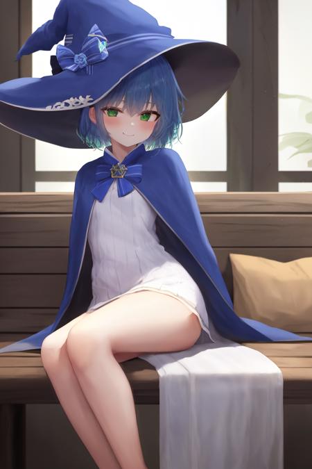 masterpiece, best quality, sharon, 1girl, witch hat, blue hair, short hair, green eys, full body, sharon, 1girl, witch hat, blue hat, blue robe, smile, one eye open, blue hair, short hair, brooch, flower hat decoration, blue ribbon, small dress, white dress, blue bow, green eyes, indoors, sitting on bench, bare legs, castle, brooch,