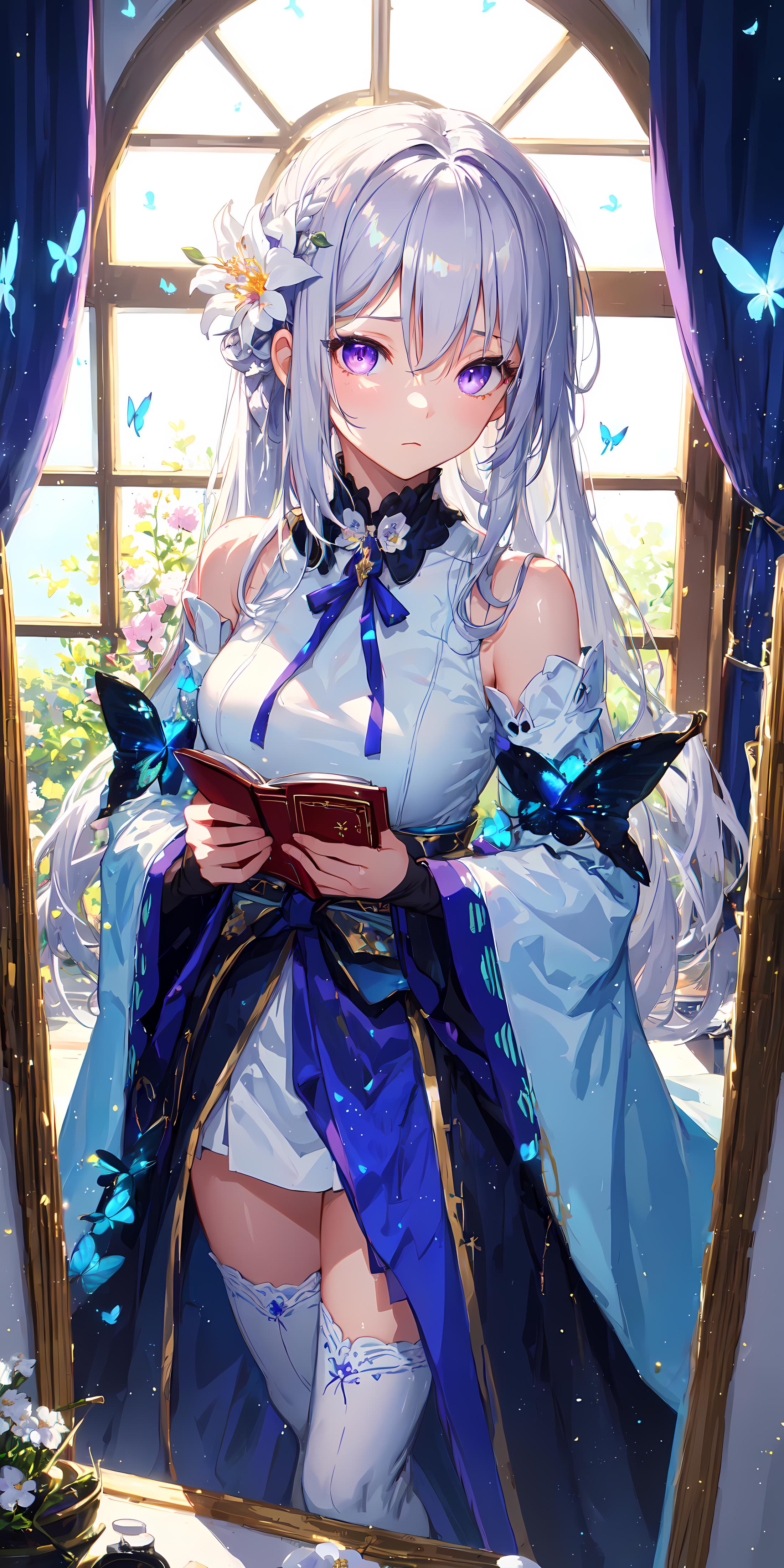 A White and Blue Anime Character Reading a Book.