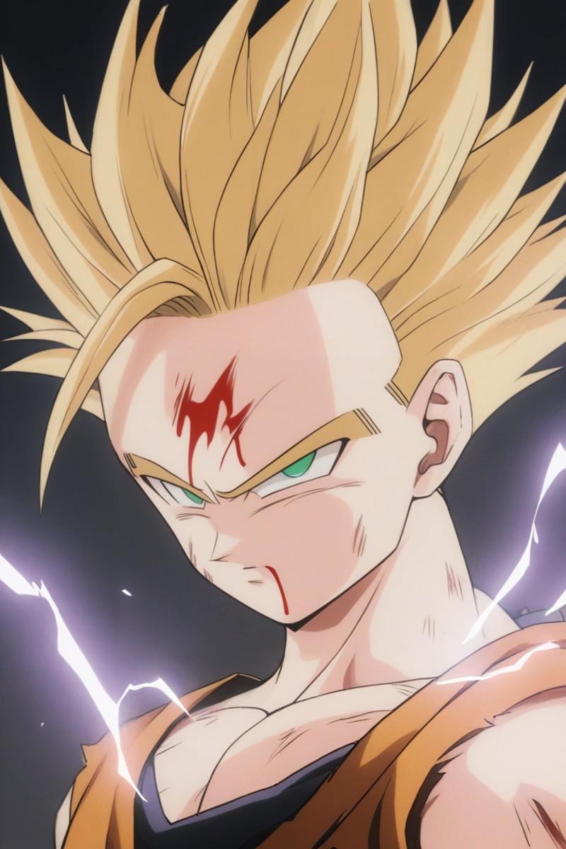 1boy,gohan,super saiyan 2,orange dougi,green eyes,,blonde_hair,yellow aura,electricity,ki,serious,(masterpiece,best qualit...