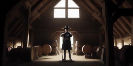 <lora:15MovingMeditations:1>meditation scene: a man with a top hat and cane standing in a barn