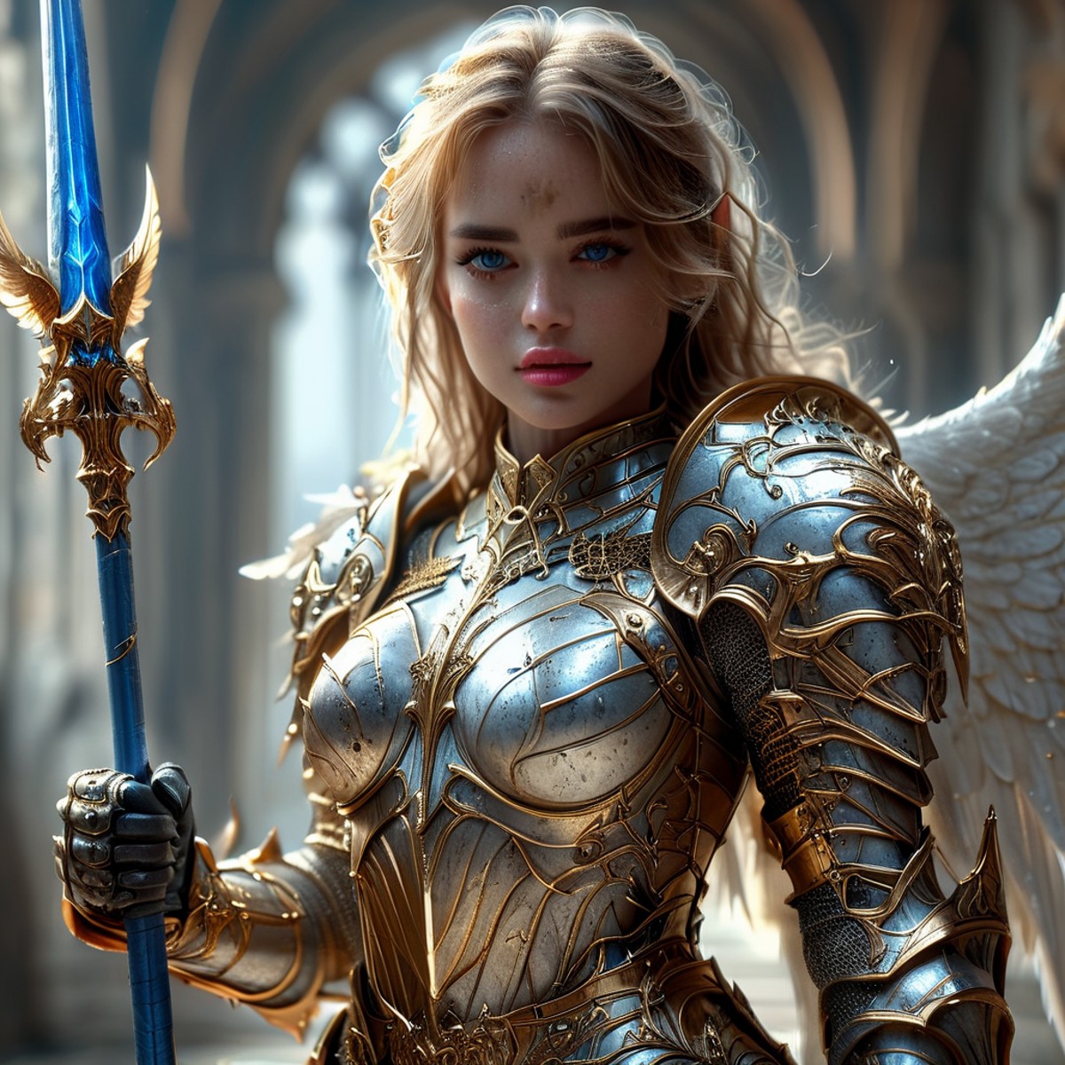 Cinematic shot of an adult beautiful female angel knight, wearing golden armor and holding an blue spear, wings, heaven in...