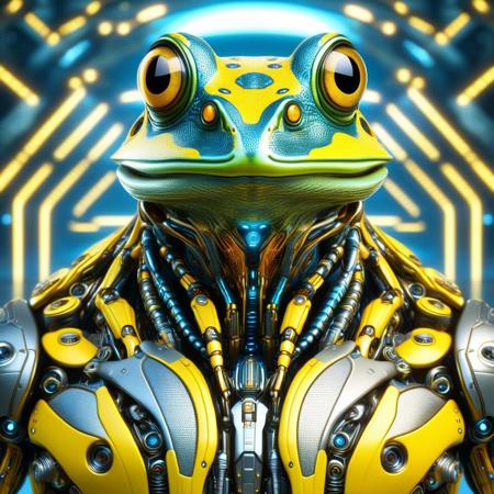 DonMX3n0T3chXL, a cyber frog, masterpiece, best quality, highly detailed, sharp focus, dynamic lighting