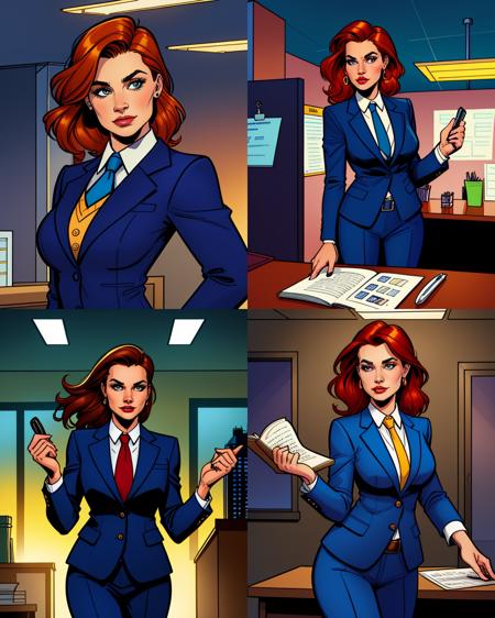 pretty woman wearing a  business suit, dynamic lighting, upper body, office background, 2D flat, colored illustration, graphic novel style, cross hatching, inked, comic style, sharp, extreme detailed, HD, HDR, 4K, masterpiece, high quality, high resolution, breathtaking, award-winning, professional