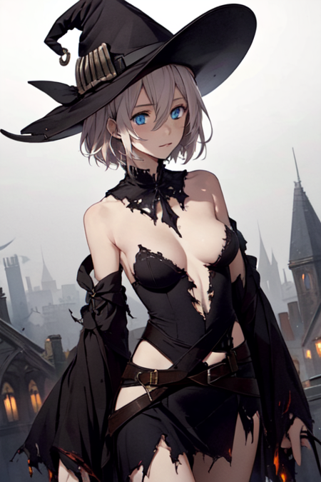 WitchFateEOD, 1girl, solo, short hair, blue eyes, hat, dress, hair between eyes, bare shoulders, medium breasts, detached sleeves, belt, wide sleeves, torn clothes, black headwear, witch hat, detached collar, 
