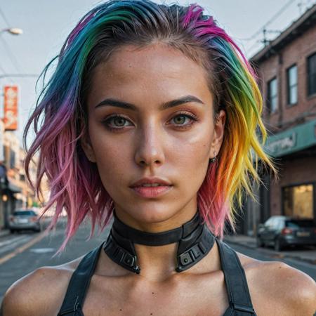 epic realistic, DV_Karah_Vicious, cyberpunk lanscape, ultra realistic, cinematic lighting, ultra detailed, detailed gorgeous face, beautiful girl, olive skin, medium length rainbow hair, simetric face, good anatomy, deusamelada, (Masterpiece:1. 3), (best quality:1. 3), <lora:add_detail:0. 4> <lora:epi_noiseoffset2:0. 4> <lora:hairdetailer:0. 6> <lora:more_details:0. 3> <lora:add-detail-xl:1. 2> <lora:DetailedEyes_V3:1. 2> <lora:sd_xl_offset_example-lora_1. 0:1. 2>, (natural skin texture, hyperrealism, soft light, muted colors), background, rutkowski, rim light