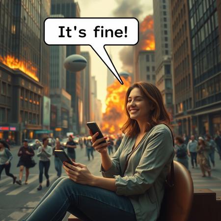 woman sitting in city playing with phone with text bubble above her head saying "It's fine", relaxed, happy, aliens attacking, chaos around her, people running, buildings burning, dynamic angle, warm hues, realistic, photorealism, hd, 8k, high definition, score_9, score_8_up, score_7_up, score_6_up,