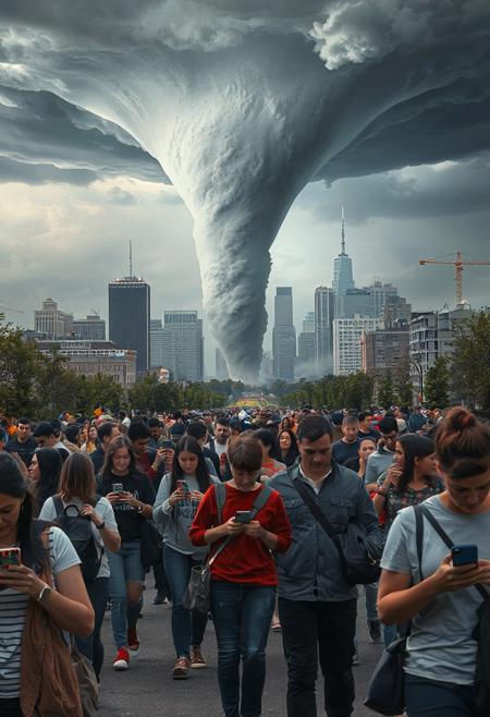 there are a lot of people with phones in their hands, walking and looking at the screen, while a large tornado develops in the background, taking the city to ruins