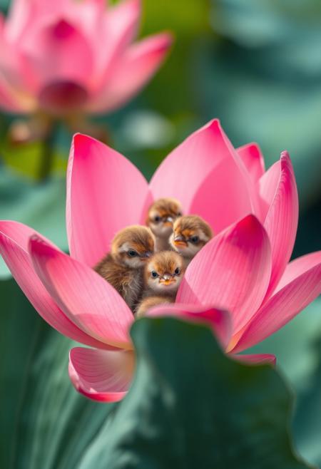This vibrant painting 
"A close-up, eye-level shot captures three adorable, fluffy sparrow chicks perched delicately within the vibrant pink petals of a fully bloomed lotus flower. The soft, natural light illuminates their soft brown and white feathers, highlighting their curious expressions. Two chicks are nestled close together on the left, while the third sits slightly elevated in the center of the bloom. The rich green of the lotus leaves and a blurred backdrop of additional pink lotus flowers provide a serene and harmonious natural setting, emphasizing the tender interaction between the young birds and their floral sanctuary. The focus is sharp on the birds and the lotus, with a beautiful bokeh effect in the background, creating a peaceful and heartwarming scene."