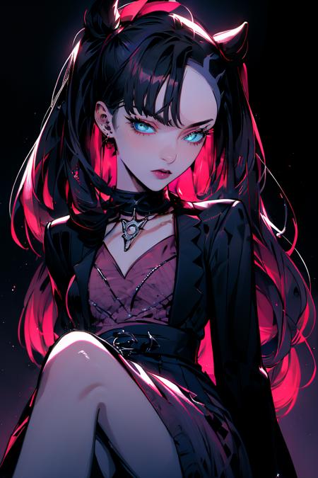 <lora:Minimalistic_Style:1>, black background, , ((masterpiece,best quality)), absurdres,
<lora:marnie_v1:1>, hmmarnie, aqua eyes, black choker, red ribbon, pink dress, jewelry, black jacket, open clothes, long sleeves,  solo,  looking at viewer,