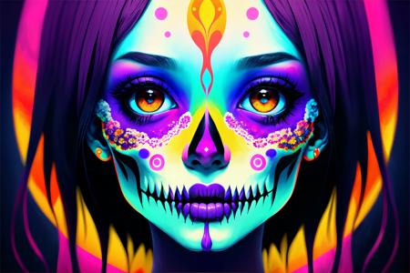 (psychedelic colors:1.2), 1girl, dia de muertos, black hair, (fantastic horror:1.3), (perfect art, 64k ultra hd:1.1), best quality, detailed face, detailed brown eyes, horrific scenery,