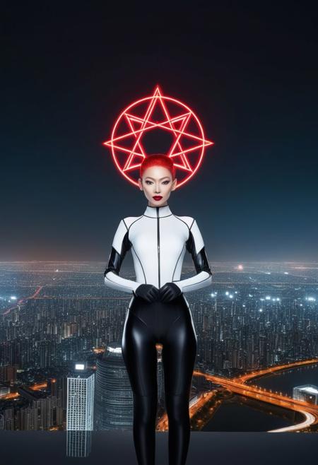 an android woman holding a giant black circle in bold lines intersected by a thick pentagram held up in hands, five pointed star, symmetrical,
In the background: ((An enormous city sprawl with a city skyline reaching for the stars,
Aleph Tower, centre for the AI that rules the Human civilization, in a glittering city of glass and shining metal,
   bright sunlight under a pitch black sky.
twice five miles of urban sprawl,
, slick suit, white top with thin shoulder straps,mechanical limbs, joints, metal face,( full body portrait:1.5), petite body, fake red hair with flowing curls, pale plastic skin, painted blush on cheeks, red lipstick, stale smile, proud)),  
Photographer Reuben Wu Style