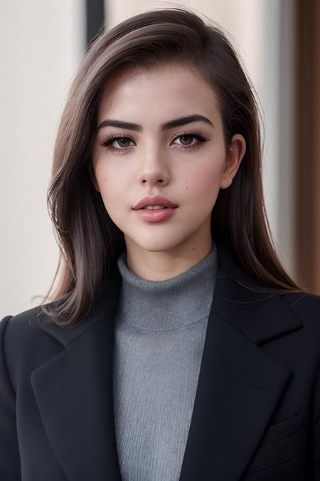 photo of (4l3xbotez:0.99), a woman with black hair, RAW, close portrait photo, long brown coat, turtleneck, long haircut, slim body, (high detailed skin:1.2), 8k uhd, dslr, soft lighting, high quality, film grain, Fujifilm XT3 sharp focus, f 5.6