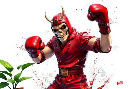 Battlin' Boxer Promoter in red outfit, skull mask, magic boxing gloves, Ring of Destruction. Green plant, beer bottle. Dynamic action pose, splash ink illustration, Octane render, Unreal Engine 5, Raphael style, Houdini style, vivid emotions, joyful impact, CGSociety, Artstation trending on ArtstationHQ, isometric, harmonious colors, beautiful matte painting, golden ratio, 4k, high-res, exceptional quality, lifelike details, impeccable composition, captivating lighting.