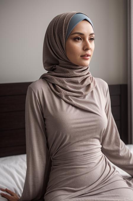 super detailed photo, a beauty woman wearing a full long dress and hijab laying on a bed, stimulating face, Horney, cover chest and neck with a hijab, random color dress, clous up, big hijab, long collar, portrait, lying on the bed, hijab cute girl, long hijab, slender, long sleeve dress, from the side, random color dress, Ray Tracing, realistic, photorealistic, detailed, realistic details, depth of field, (8k, RAW photo, best quality, masterpiece:1.2), inside, ultra-detailed, physically-based rendering, ultra high res, low lighting, hyper detailed texture of face, raw photo, dramatic pose, 30 year old, dynamic pose, delicate skin texture, short Rembrandt Lighting, high rendered quality t-shirt, random dress color, back light, film grain, bokeh,