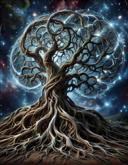 A grand ancient tree with impossibly intricate rootsâeach twisting strand representing a dimension beyond human perception. Ethereal light pulses within them, revealing hidden mathematical structures and quantum entanglements. The roots extend into the void, threading through space-time itself, merging past, present, and future. Overlapping sacred geometry shimmers above the tree, as celestial beings whisper ancient wisdom. <lora:tree roots_0_100_V1:1> morph-treeroots, ancient