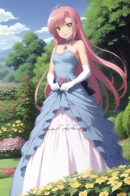 masterpiece, best quality, hinagiku katsura, dress, princess, princess dress, ((blue dress)), royal dress, tiara, garden, colorful garden, castle, day, smile, white gloves,  pink hair, yellow eyes, <lora:HinagikuV2:0.8>