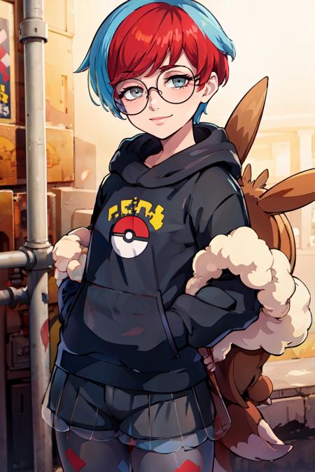 Penny_Pokemon,  1girl, solo, multicolored hair, two-tone hair, red hair, blue hair, grey eyes,  round eyewear, black hoodie, short shorts, grey pantyhose,  see-through skirt, backpack