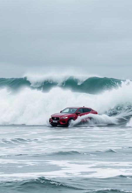 car surfing on huge ocean waves, cloudy weather, water splashes, car driving on waves