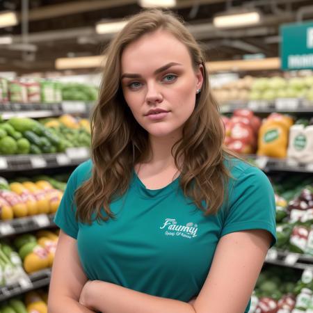 <lora:RNR-Emily:0.7> RNR-Emily, mid-body photo of a 18yo slim girl,wearing teal farmer clothing,at the grocery store, perfect brown iris,shoulder hair,powerful,lips parted,looking at camera,at night,photorealistic,extreemly detailed,intricate,HDR, 8k,hyper realistic,cinematic lighting,photography