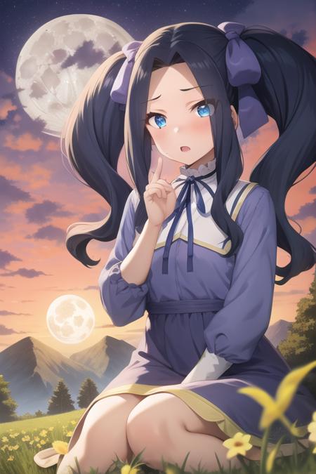 <lora:sh_melty:1> melty, 1girl, blue eyes, eyes visible through hair, hair intakes, bangs, purple hair, bangs, forehead, very long hair, twintails, parted bangs, hair bow, hair ribbon,
dress, long sleeves, blue dress, neck ribbon,
cloud, field, full moon, moon, mountain, nature, outdoors, red sky, scenery, sky, tree, original