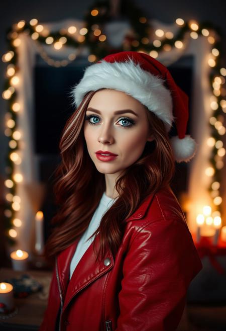 Red haired woman posing in dark christmas living room, red hair with white highlights, makeup, looking at viewer, christmas hat, red leather jacket, cozy, candles, candlelight, dim lights, christmas living room