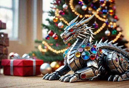 mecha dragon, siting next to a pile of colorful crystal gems, under a Christmas tree, complex robot, highly detailed clean, beautiful detailed intricate, 8K