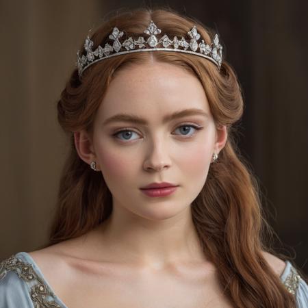 Portrait photo of an actress dressed as a medieval queen with a delicate tiara on her head, Nikon Z9, realistic matte skin, skin texture visible, (sharp focus), (high quality)