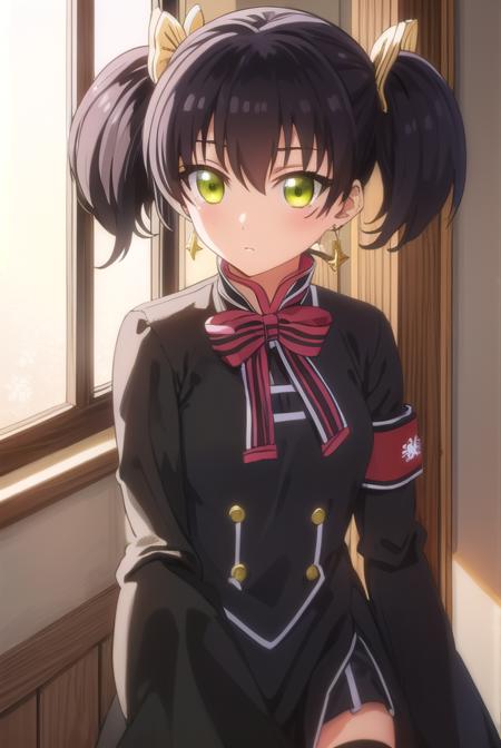 kochouwang, <lora:kochou wang s1-lora-nochekaiser:1>,
kochou wang, short hair, black hair, twintails, (green eyes:1.3),
BREAK thighhighs, long sleeves, dress, bow, ribbon, jewelry, earrings, black thighhighs, sleeves past wrists, chinese clothes, armband, sleeves past fingers,
BREAK indoors, classroom,
BREAK looking at viewer, (cowboy shot:1.5),
BREAK <lyco:GoodHands-beta2:1>, (masterpiece:1.2), best quality, high resolution, unity 8k wallpaper, (illustration:0.8), (beautiful detailed eyes:1.6), extremely detailed face, perfect lighting, extremely detailed CG, (perfect hands, perfect anatomy),