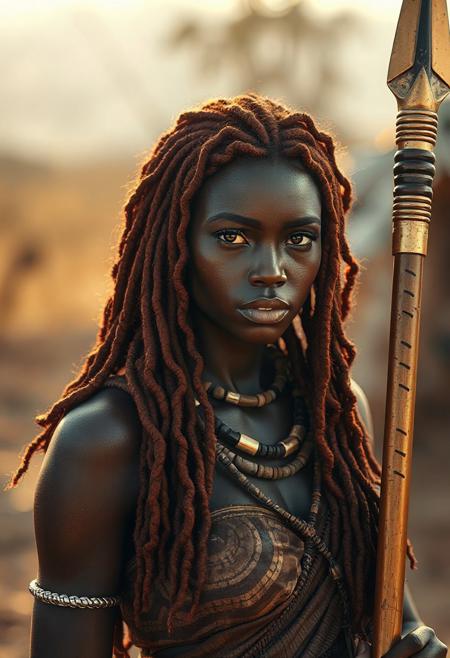 (masterpiece), (ultra realistic), (8k, cinematic lighting), (ambient_occlusion), (volumetric shadows), (rim lighting), ((exceptionally beautiful red-haired woman)), 22 years old, dark melanin skin, soft hourglass figure, long coily hair with beads, wearing a zulu women warrior attire, outside holding a golden spear.