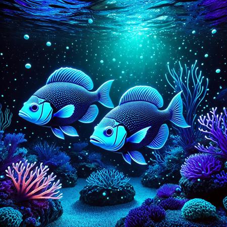 Two stylized, glowing fish, positioned slightly off-center to the left and right of the image.  The fish have a dark, almost black, body with vibrant, luminous, glowing turquoise, blue, and purple patterns and details. The fish's bodies appear almost translucent, with visible outlines that resemble glowing lines.  Their eyes are large, round, and luminous blue.  They are swimming in a dark, underwater scene, with a rocky, coral-like environment, illuminated with colorful lights and bioluminescence.  The environment is composed of dark purple and dark teal hues that create a sense of depth.   Bioluminescent bubbles and spots of light are scattered around the fish and coral.  The lighting is ethereal and emphasizes the fish's glowing features. The composition is symmetrical, with the fish balanced on either side. The overall style is fantastical and digitally rendered.