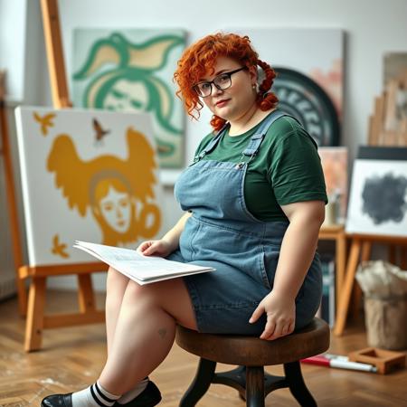 full body shot chubby woman wide hips curly red hair pigtails pale skin round face rosy cheeks glasses green t shirt blue linen coveralls stripped socks black ballet flats sitting in art studio studying canvas