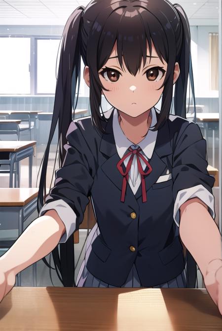 azusanakano, <lyco:azusanakano-LYCORIStest:1>,
azusa nakano, (black hair:1.5), (brown eyes:1.7), long hair, twintails, (flat chest:1.2),
BREAK sakuragaoka high school uniform, school uniform, uniform,
BREAK looking at viewer,
BREAK indoors, classroom,
BREAK <lora:GoodHands-vanilla:1>, (masterpiece:1.2), best quality, high resolution, unity 8k wallpaper, (illustration:0.8), (beautiful detailed eyes:1.6), extremely detailed face, perfect lighting, extremely detailed CG, (perfect hands, perfect anatomy),