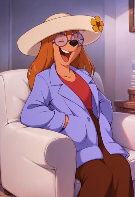 StaceyGM furry, anthro, female canine, braces, purple round glasses, black nose, black eyes, orange hair, long hair, white hat, flower on hat, purple jacket, long jacket, red shirt, brown pants tailless