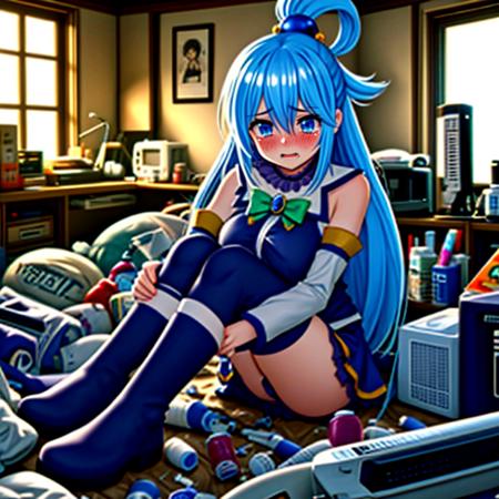 <lora:LCM_LoRA_Weights_SD15:1>,masterpiece,best quality,highly detailed,<lora:aqua_konosuba-000035:0.75>,aqua \(konosuba\),1girl,blue eyes,blue blue hair,blush,breasts,detached sleeves,hair ornament,hair rings,long hair,single hair ring,very long hair,white thighhighs,footwear,blue thighhighs,boots,skirt,thigh boots,thighhighs,crying,crying with eyes open,tearing up,
BREAK
<lora:messyHikikomoriRoom:0.4>, messy, messy room, trash bag, sitting on chair, computer, backlighting,